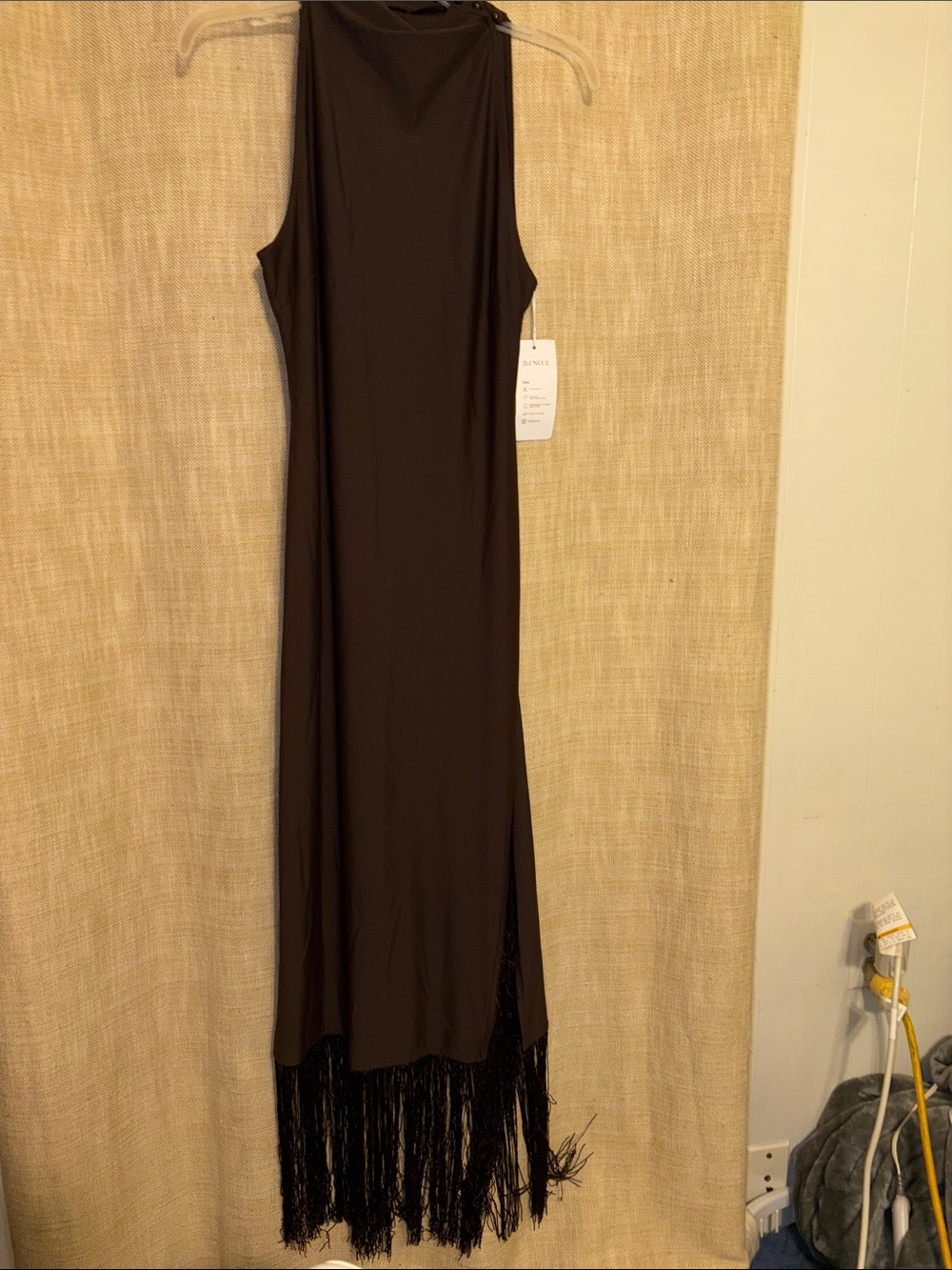 High-Neck Black Maxi Dress with Fringe Hem